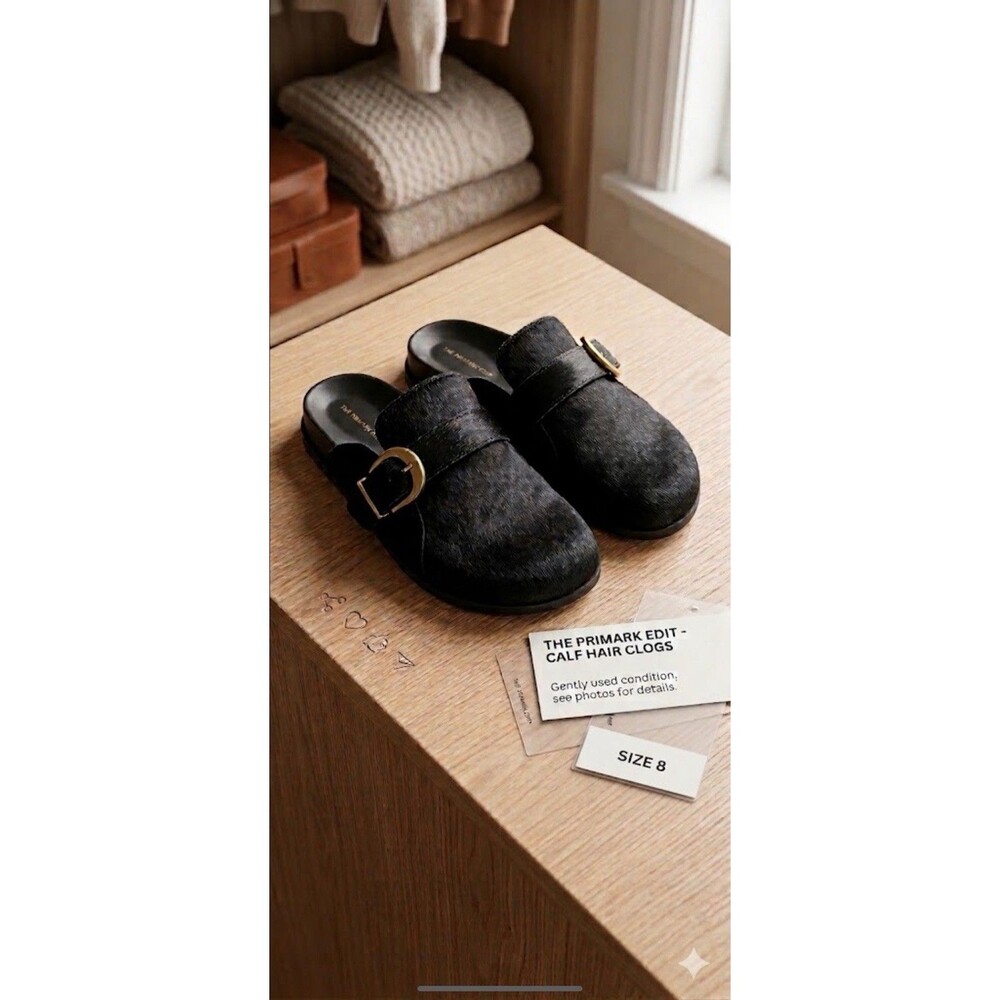 Primark women’s  Calf Hair  Clog Slippers Black Felt Buckle Casual Size 8 NWOT